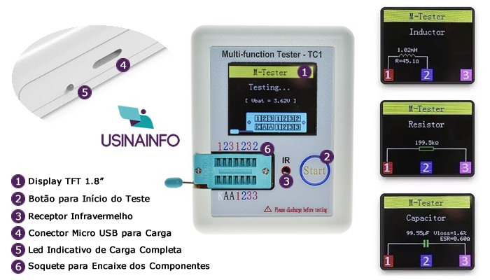 Testador de Componentes Eletrônicos LCR-TC1 com Display 1.8