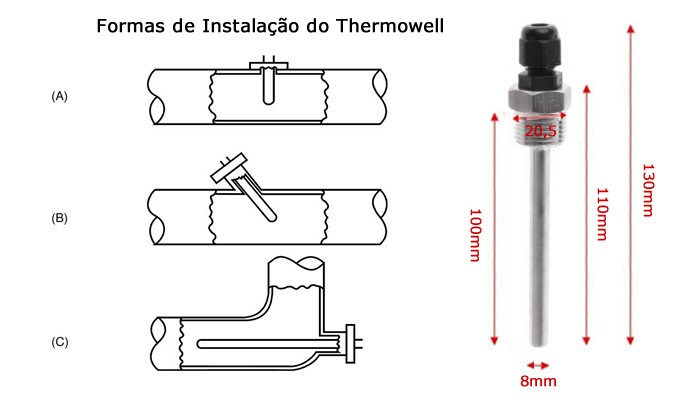 Thermowell Poço para Sensor de Temperatura 100mm Rosca 1/2 + Prensa Cabo PG7 - [1013628]