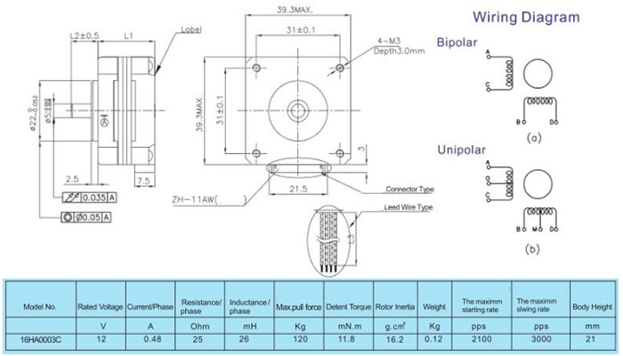 Motor de Passo 12V 0,12Kgf.cm 16HA0003C - [1015454]