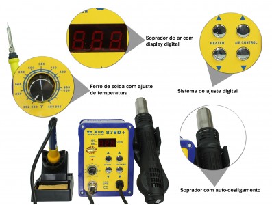 Estação de Solda com Estação de Retrabalho de ar quente 2 em 1 Yaxun 878D+  - Imagem 5