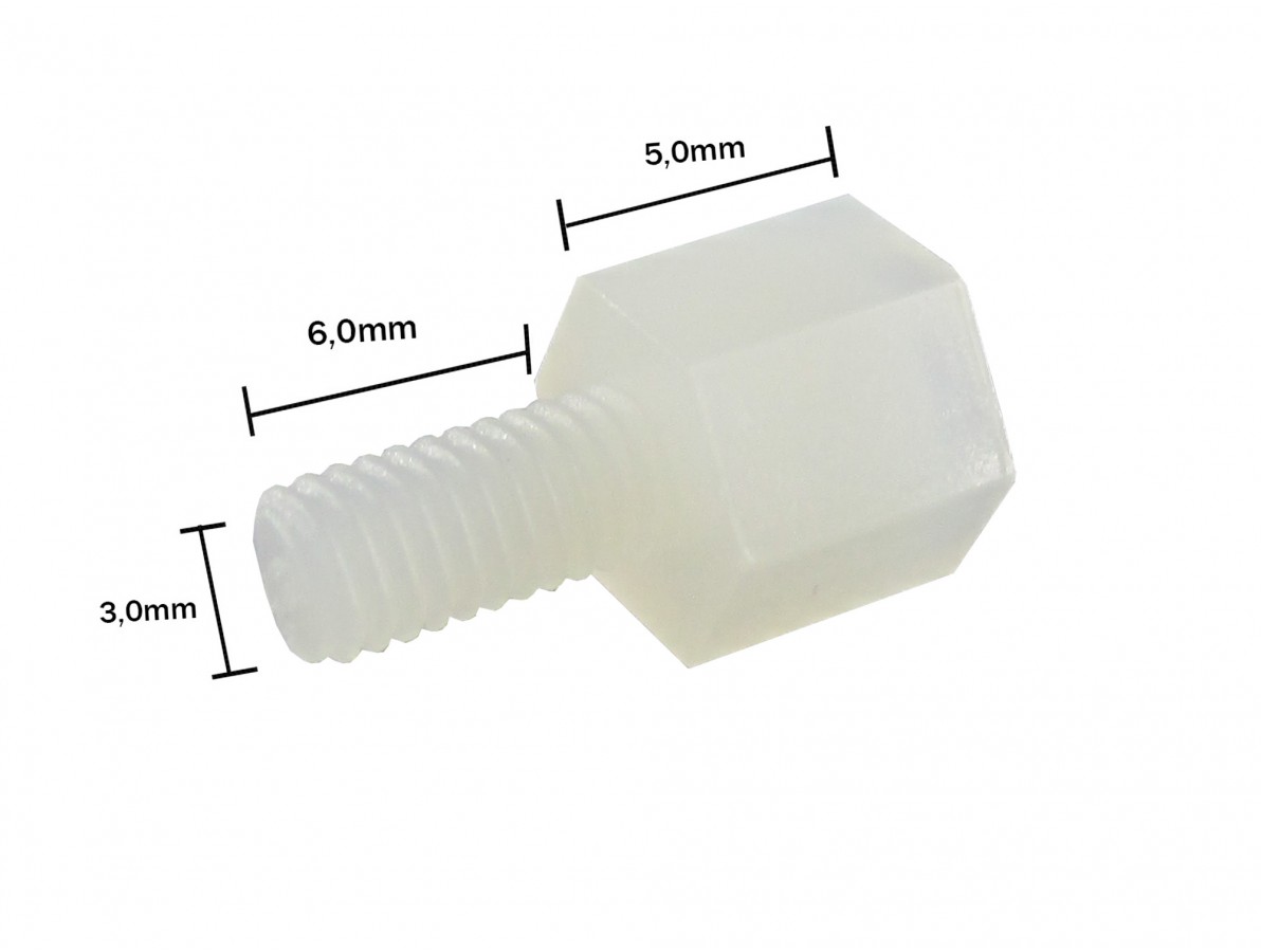 Parafuso Espaçador Plástico Sextavado em Nylon 5mm + 6 mm M3 PCB - Macho - Kit com 10 unidades- Imagem 3