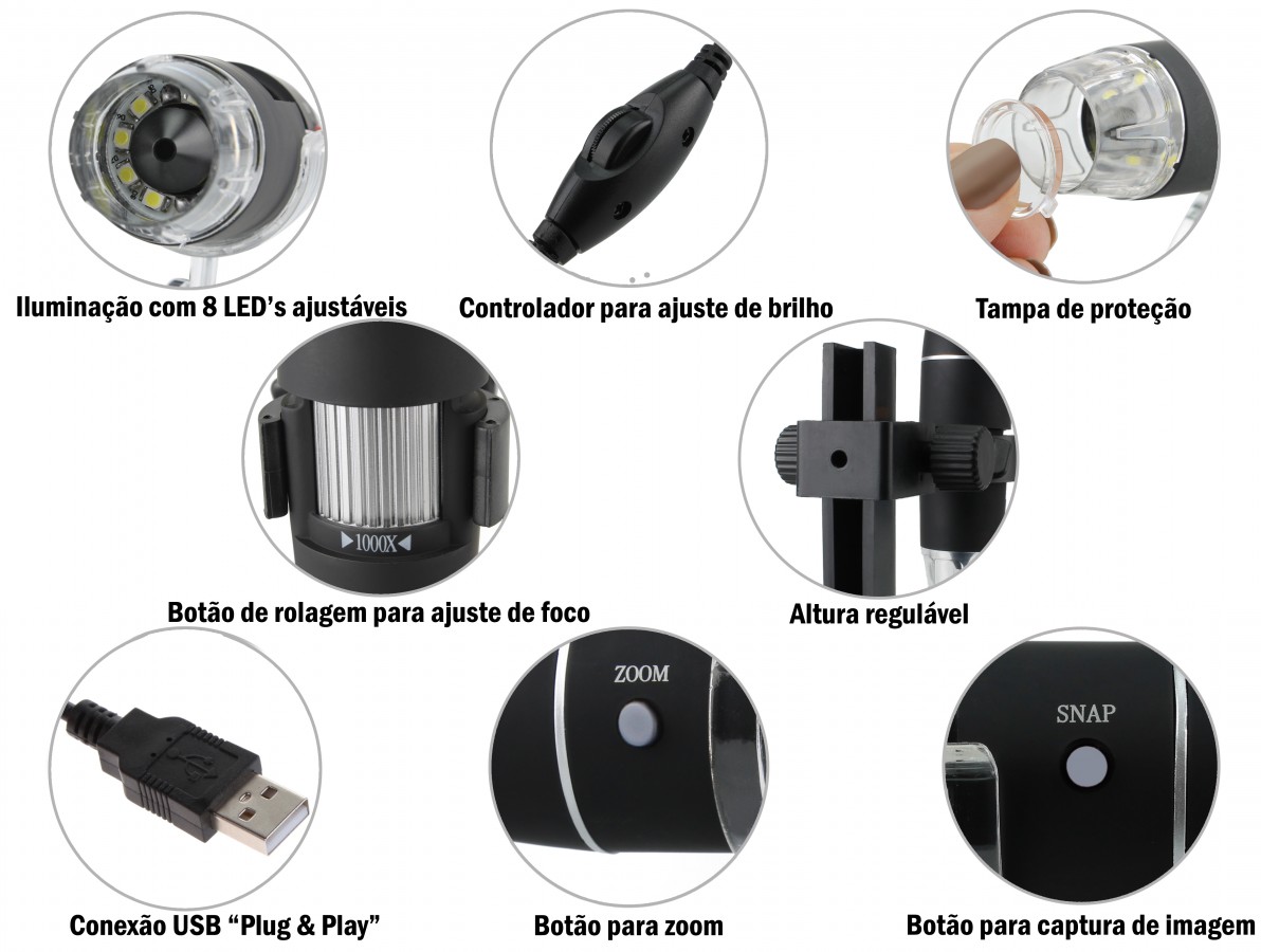 Microscópio Digital USB Zoom 1000X + Suporte com Ajuste de Altura - US1000- Imagem 5