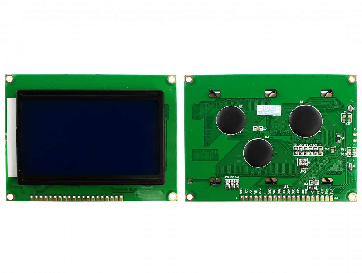 Display LCD 128×64 Pixels com fundo azul