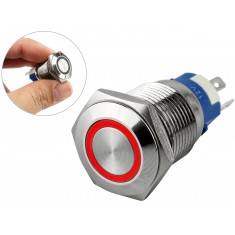 Interruptor Pulsador 16mm com LED Vermelho 12-24V em Aço Inox Impermeável MC320