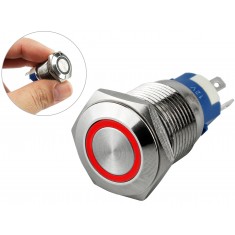 Pulsador Push Button NA/NF 16mm em Aço Inox com Iluminação em LED Vermelho - Impermeável