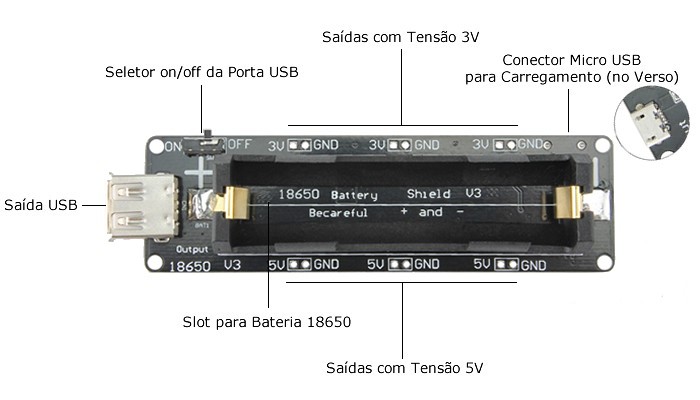 18650 Shield V3 / Regulador de Tensão USB, 5V e 3V para Bateria 18650 - [1026931]