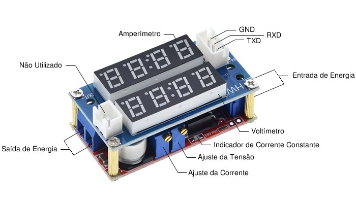 Regulador de Corrente e Tensão Ajustável com Display 5A Step Down Dc Dc com Voltímetro e Amperímetro XL4015 - 1,25 a 30VDC - [1027801]