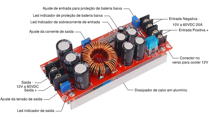 Regulador de Tensão e Corrente Ajustável SZ-BT07CCCV DC Step Up - Saída 12-80V 20A 1200W - [1027811]