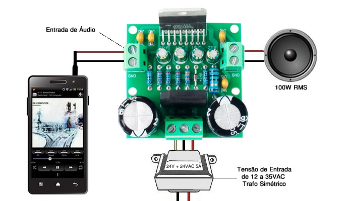 Utilizando o Mini Amplificador de Som TDA7294 Mono 100W 12 a 35VAC Simétrico - [1028085]