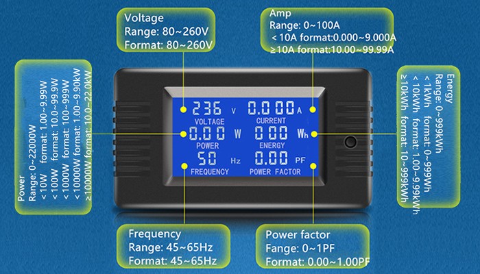 Medidor de Consumo de Energia Wattímetro PZEM-022 6 em 1 80V a 260VAC 100A - [1028421]