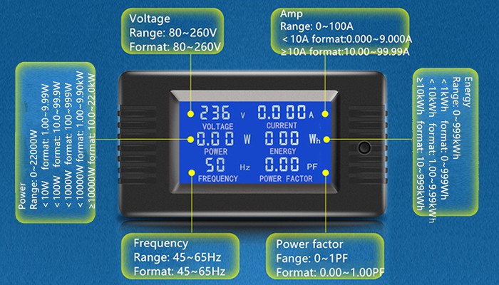 Medidor de Consumo de Energia Wattímetro PZEM-022 6 em 1 80V a 260VAC 100A - [1028421]