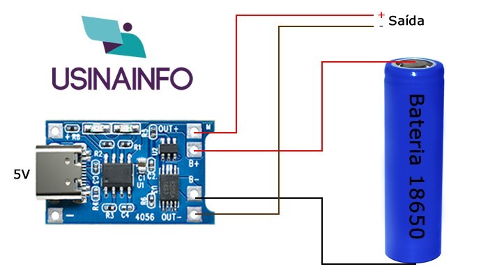 Utilizando Carregador de Bateria Li-Ion TP4056 V2 USB-C com Pinos de Saída 18650 - [1028743]