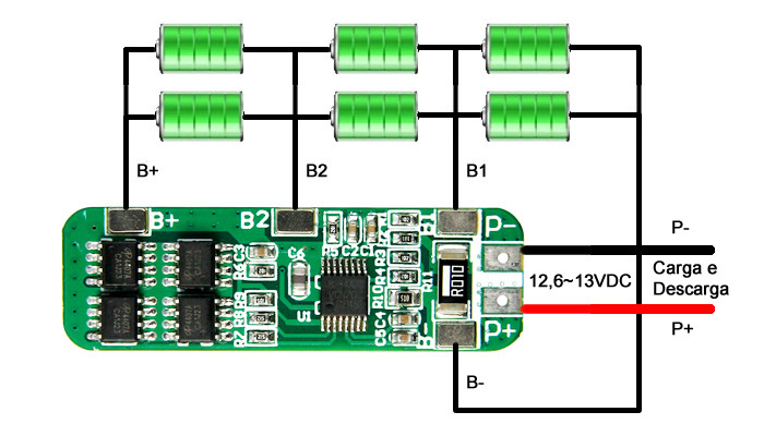 Utilizando Placa de Proteção para Bateria 18650 3S 10A 12V HX-3S-FL10 2 Paralelos - [1030028]