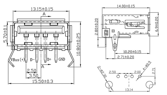 Dimensões Conector USB A Fêmea com Trava para PCI 90º - [1030134]