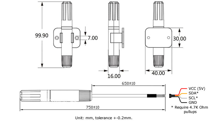 Medidas do Sensor de Umidade e Temperatura AM2315C ASAIR I2C + Encapsulamento e Suportes - [1030220]
