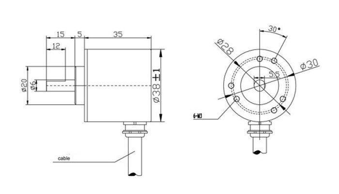 Dimensões Encoder Incremental Rotativo 600 Pulsos Eixo 6mm 5/24VDC E38S6G5-600B-G24N - [1030630]