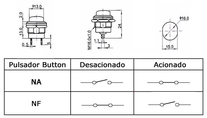 Dimensões Pulsador Push Button NA 16mm / Chave Botão PB-02 6A Verde - [1030757]
