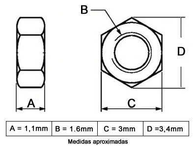 Medidas Porca M1,6 x 1,5mm Metálica - Kit com 10 unidades - [1030839]