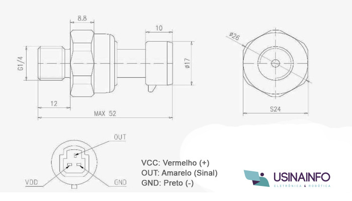Sensor de Pressão Arduino G1/4 10 MPa em Aço inoxidável - [1032162]