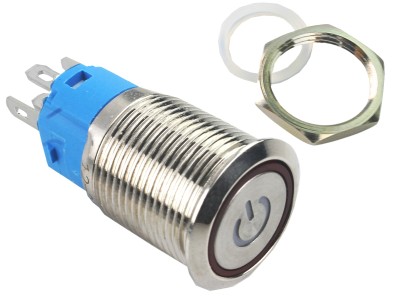 Interruptor Pulsador 16mm com LED Vermelho 12-24V com S&iacute;mbolo Power em A&ccedil;o Inox Imperme&aacute;vel - Imagem 3