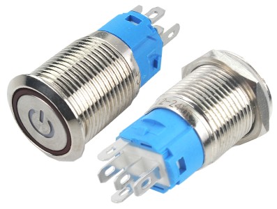 Interruptor Pulsador 16mm com LED Vermelho 12-24V com S&iacute;mbolo Power em A&ccedil;o Inox Imperme&aacute;vel - Imagem 2