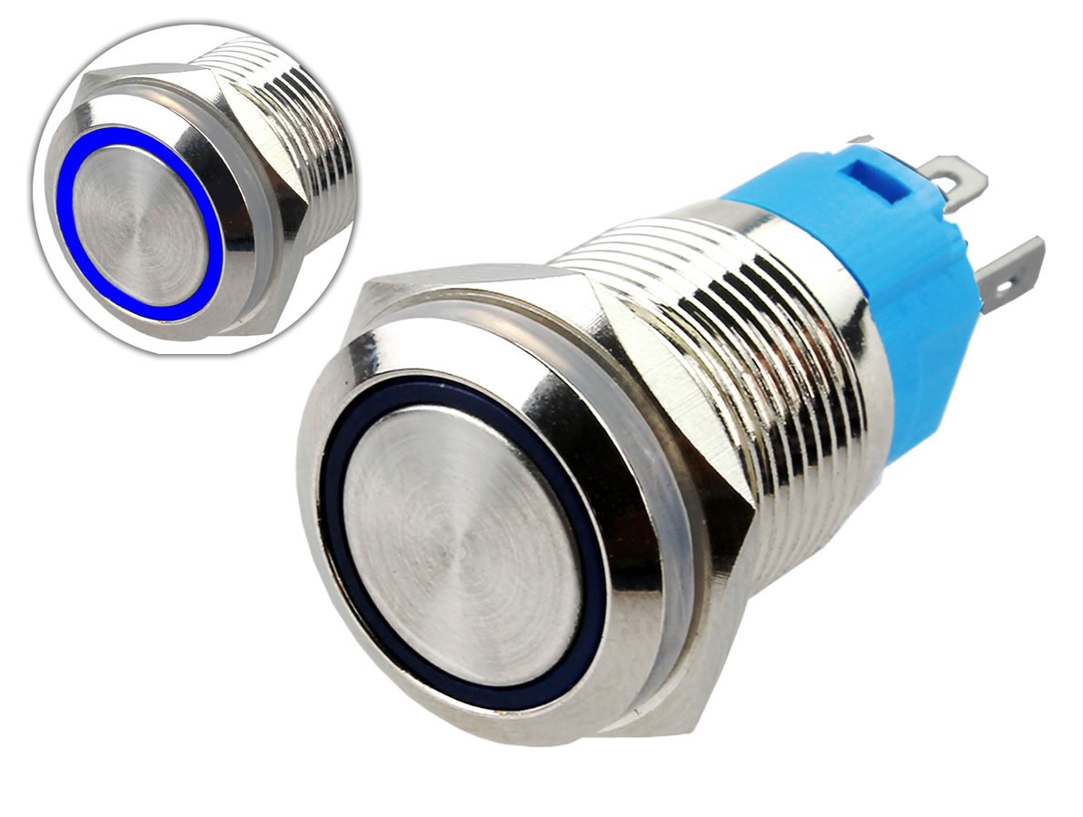 Pulsador Push Button em Alumínio com Iluminação em LED Azul - Impermeável 