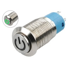 Pulsador 12mm Sobreposto LED Verde 3-6V Inox Imperme&aacute;vel com S&iacute;mbolo Power - MC132