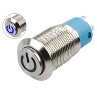 Pulsador 12mm Sobreposto LED Azul 3-6V Inox Imperme&aacute;vel com S&iacute;mbolo Power - MC134