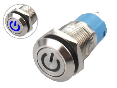 Interruptor Pulsador 12mm NA LED Azul 3-6VDC em A&ccedil;o Inox Imperme&aacute;vel com S&iacute;mbolo MC014 - Imagem 1