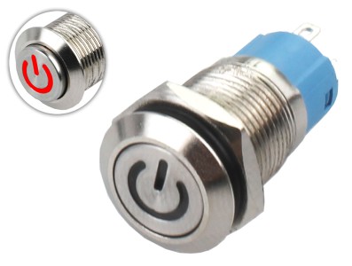 Interruptor Pulsador 12mm com Trava LED Vermelho 12-24VDC em A&ccedil;o Inox Imperme&aacute;vel com S&iacute;mbolo MC141 - Imagem 1