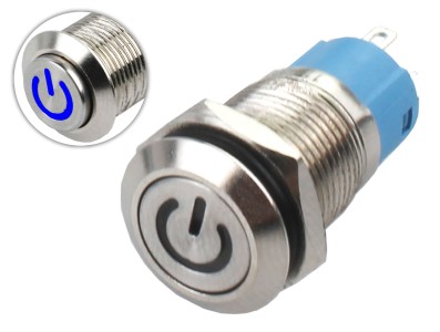Interruptor Pulsador 12mm com Trava LED Azul 12-24VDC em A&ccedil;o Inox Imperme&aacute;vel com S&iacute;mbolo MC144 - Imagem 1