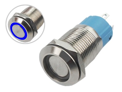 Interruptor Pulsador 12mm com Trava LED Azul 3-6VDC em A&ccedil;o Inox Imperme&aacute;vel MC064 - Imagem 1