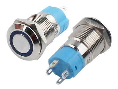Interruptor Pulsador 12mm com Trava LED Azul 12-24VDC em A&ccedil;o Inox Imperme&aacute;vel 3A214 - Imagem 2
