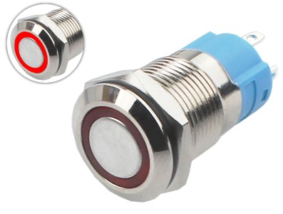 Interruptor Pulsador 12mm com Trava LED Vermelho 12-24VDC em A&ccedil;o Inox Imperme&aacute;vel 3A215 - Imagem 1