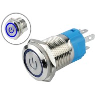 Interruptor Pulsador 16mm LED Azul 3-6VDC em Aço Inox Impermeável com Símbolo MC234