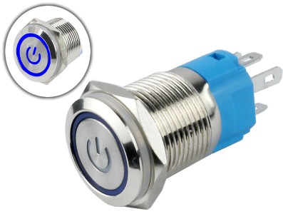 Interruptor Pulsador 16mm com Trava LED Azul 3-6VDC em A&ccedil;o Inox Imperme&aacute;vel com S&iacute;mbolo MC224 - Imagem 1
