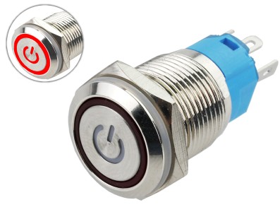 Interruptor Pulsador 16mm com LED Vermelho 12-24V com S&iacute;mbolo Power em A&ccedil;o Inox Imperme&aacute;vel - Imagem 1