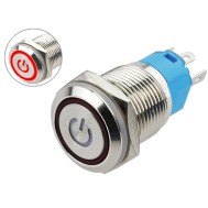 Interruptor Pulsador 16mm com LED Vermelho 12-24V com Símbolo Power em Aço Inox Impermeável - MC251