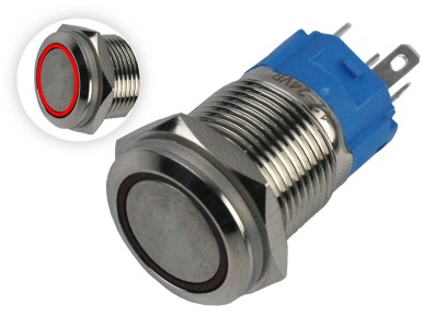 Interruptor com Travamento 16mm LED Vermelho 12-24VDC em A&ccedil;o Inox Imperme&aacute;vel MC291 - Imagem 1