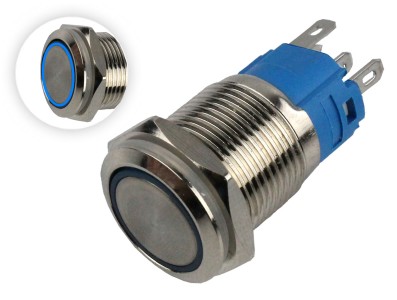 Interruptor com Travamento 16mm LED Azul 3-6VDC em A&ccedil;o Inox Imperme&aacute;vel MC284 - Imagem 1