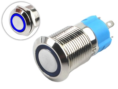 Interruptor Pulsador 12mm com Trava LED Azul 12-24VDC em A&ccedil;o Inox Imperme&aacute;vel 3A214 - Imagem 1