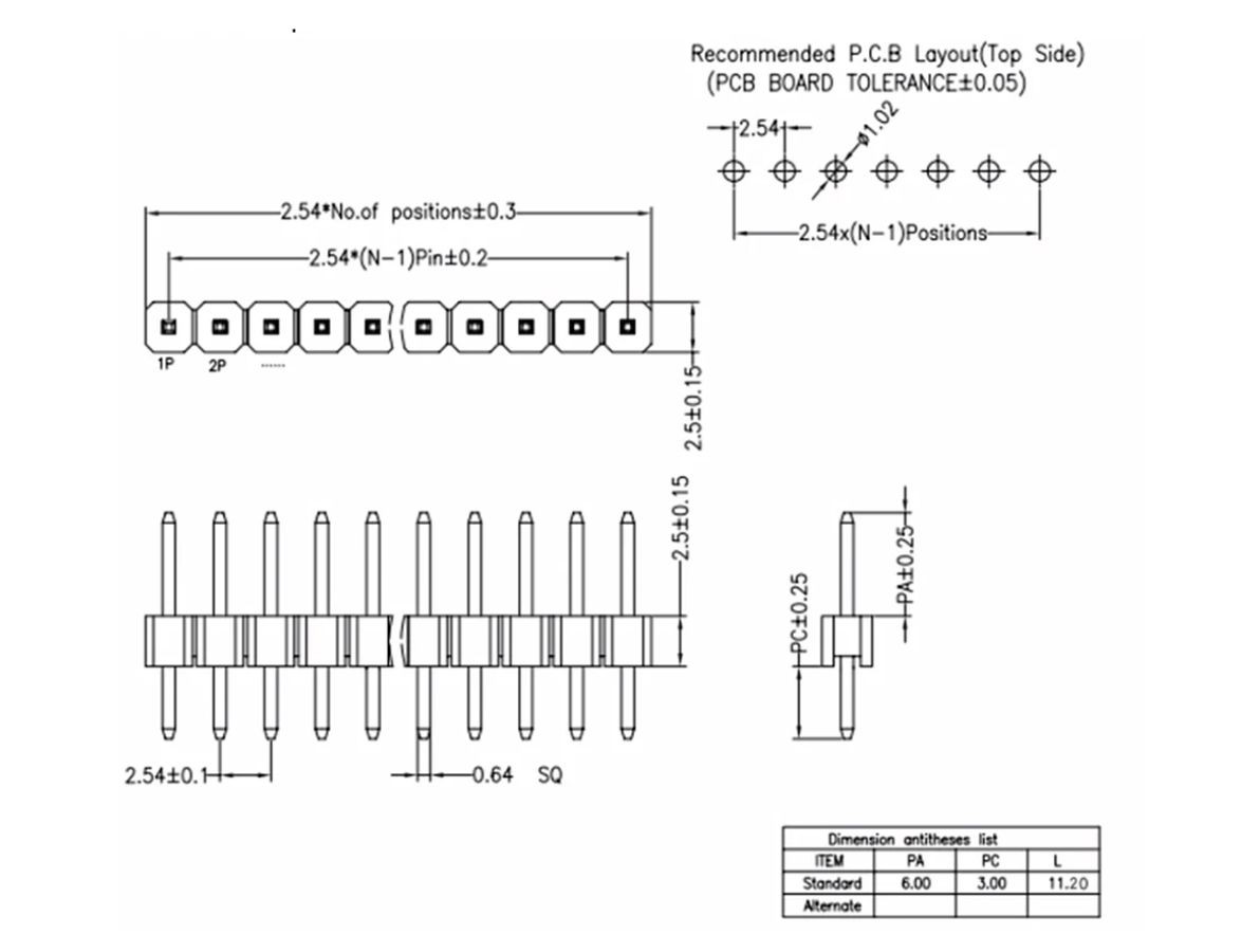 Dimensões Barra de Pinos Macho 1x40 vias - [1034424]