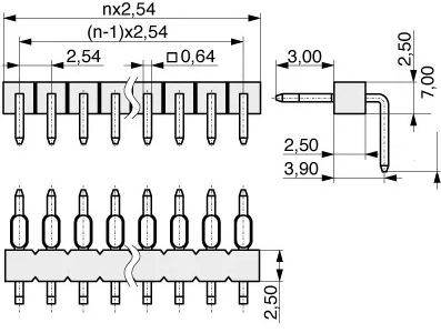 Dimensões Barra de Pinos 1x40 vias 15mm 90° Macho - [1034451]