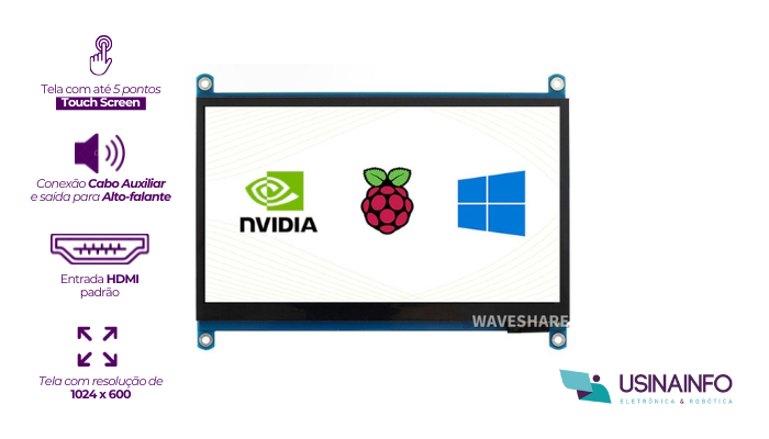 Destaques Display 7'' HDMI LCD IPS Touch Screen 1024x600 para Raspberry Pi – Waveshare - [1035708]