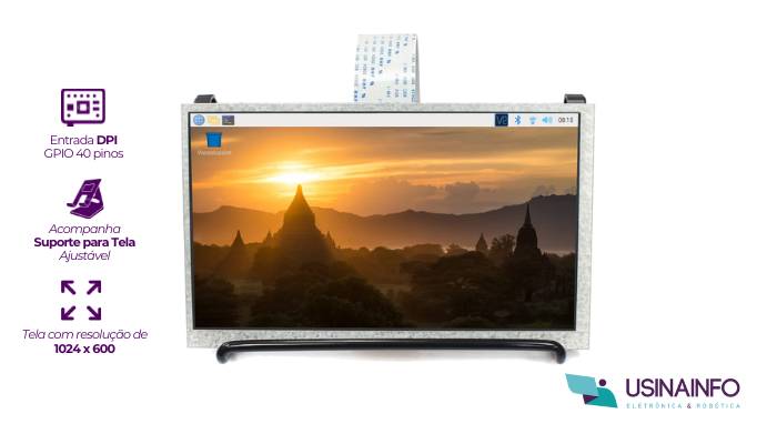 Destaques Display 7'' LCD IPS 1024x600 para Raspberry Pi com Adaptador GPIO – Waveshare - [1035832]