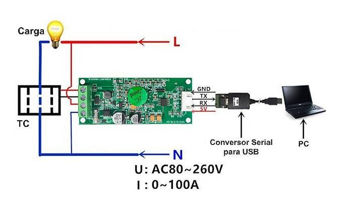 Voltímetro AC Wattímetro Amperímetro PZEM-004T V4.0 100A 260V com Saída TTL - [1035922]