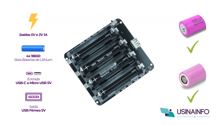 Destaques Shield V3 Carregador de Bateria 18650 4X com USB - 9196	 - [1035944]