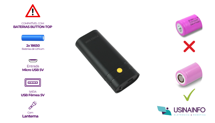 Destaques Power Bank 5V 2,1A USB para 2 Baterias 18650 - [1035950]
