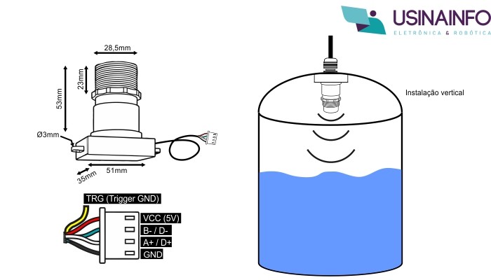 Dimensões e Instalação Sensor Ultrassônico de Distância RS485 - [1035960]