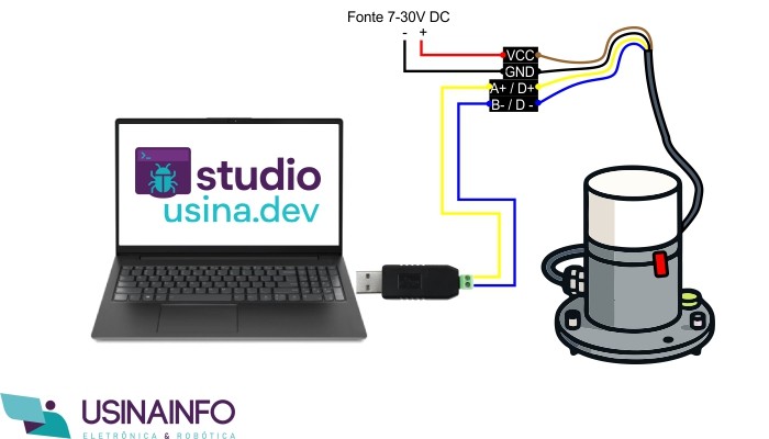 Esquema de ligação Sensor de Nível Submersível com Computado utilizando Conversor RS485 - [1035975]